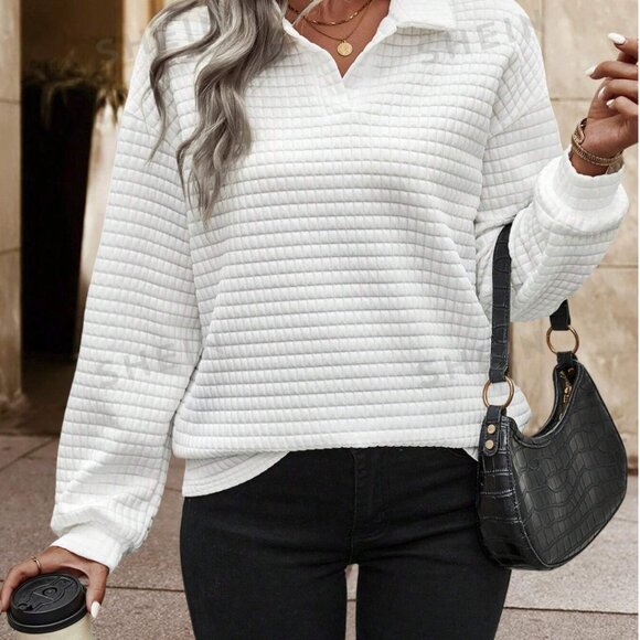 SHEIN Tops - SHEIN Relaxiva Solid Collar Drop Shoulder Oversized Shirt, Solid White, L, NWOT